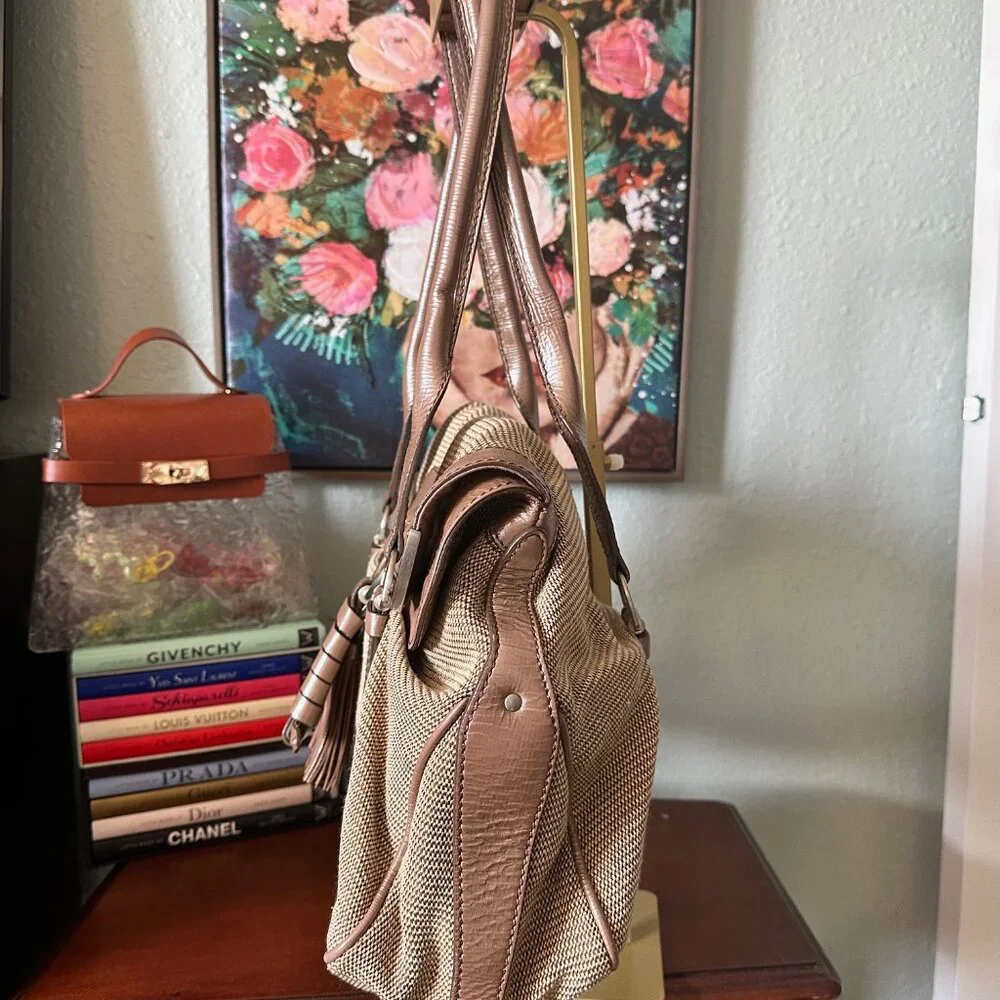 Celine Boston Bag Canvas and Patent Leather Fringe Shoulder Bag - EUC